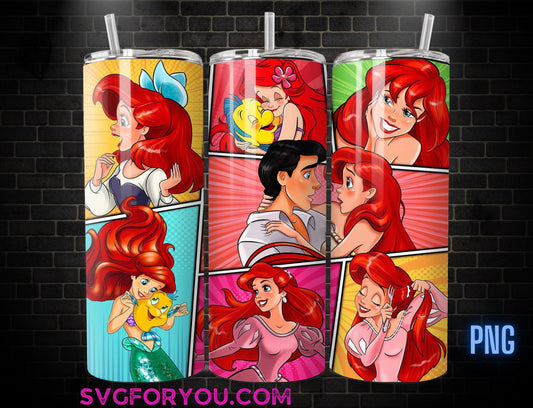 Princess Ariel Cartoon Strip Tumbler Wrap PNG, Coffee Tumbler Wrap , 20oz Skinny Tumbler, The Little Mermaid Skinny Tumbler Wrap Design PNG