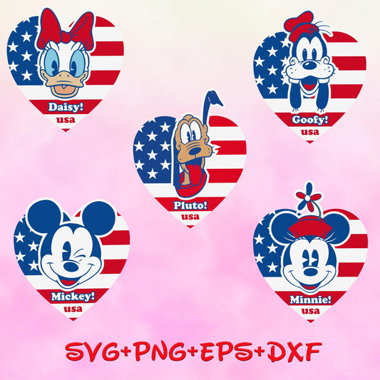 Retro Mickey and Friends 4th Of July Hearts SVG, Independence Day svg Png, Fourth Of July, Memorial Day Freedom, Patriotic Png svg