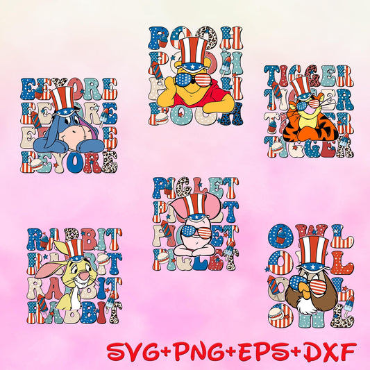 4th July Winnie the Pooh and Friends svg png Bundle, 4th July Fourth of July T Shirt Design, USA sublimation, patriotic svg Png