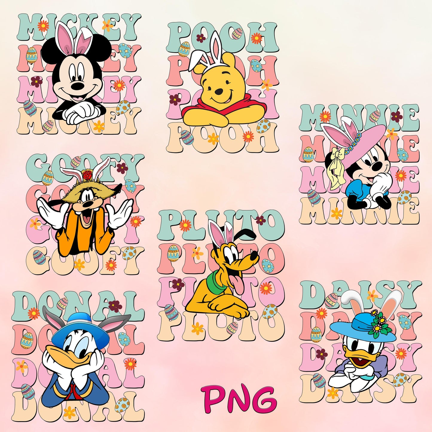 Retro Mickey and Friends Easter PNG Bundle, Pooh Minnie Daisy Donald Goofy Cartoon Easter PNG, Happy Easter PNG Sublimation copy