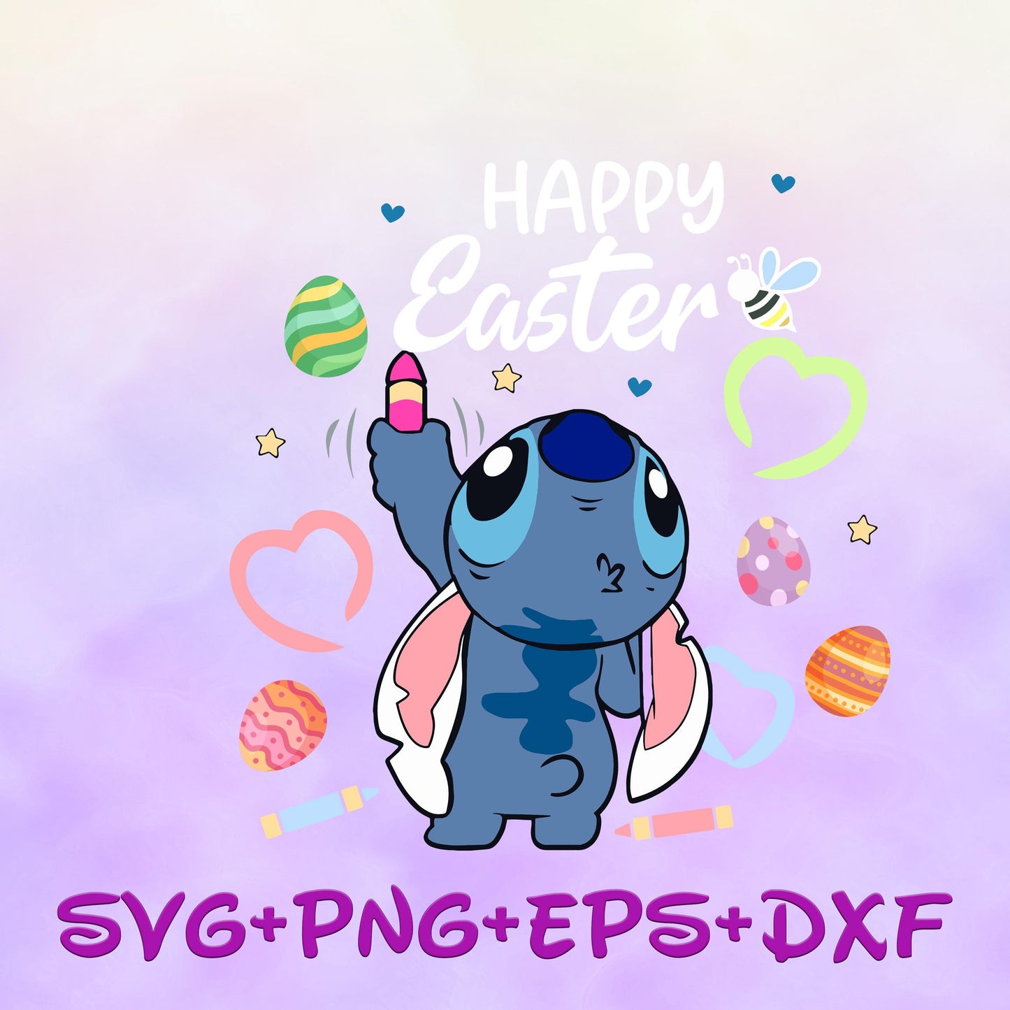 Stitch writes Happy Easter svg, Happy Easter Svg, Cute Easter Svg, Colorful Eggs Svg, Bunny Ear Svg, Bunny Egg Hunt Svg png