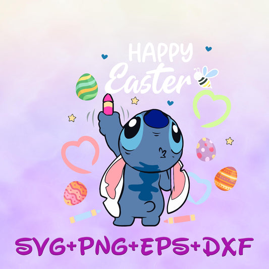 Stitch writes Happy Easter svg, Happy Easter Svg, Cute Easter Svg, Colorful Eggs Svg, Bunny Ear Svg, Bunny Egg Hunt Svg png