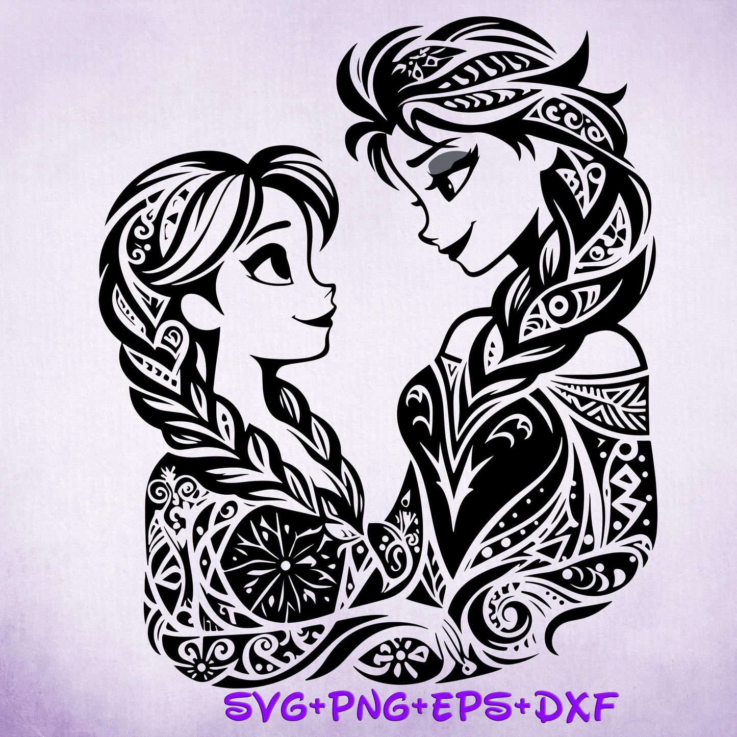 Princess Elsa and Anna Mandala Princess SVG, Frozen Enchanted Princess, Silhouette Cut Files, Png, Printable, Sublimation Design
