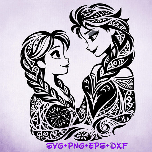 Princess Elsa and Anna Mandala Princess SVG, Frozen Enchanted Princess, Silhouette Cut Files, Png, Printable, Sublimation Design