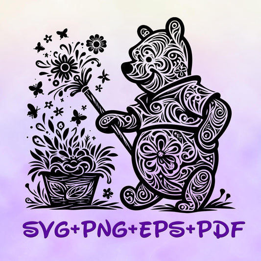 Gardening Winnie the Pooh Mandala SVG, Enchanted Svg, Silhouette Cut Files, Zentangle SVG, Sublimation Design, Pooh Bear Sketch Png
