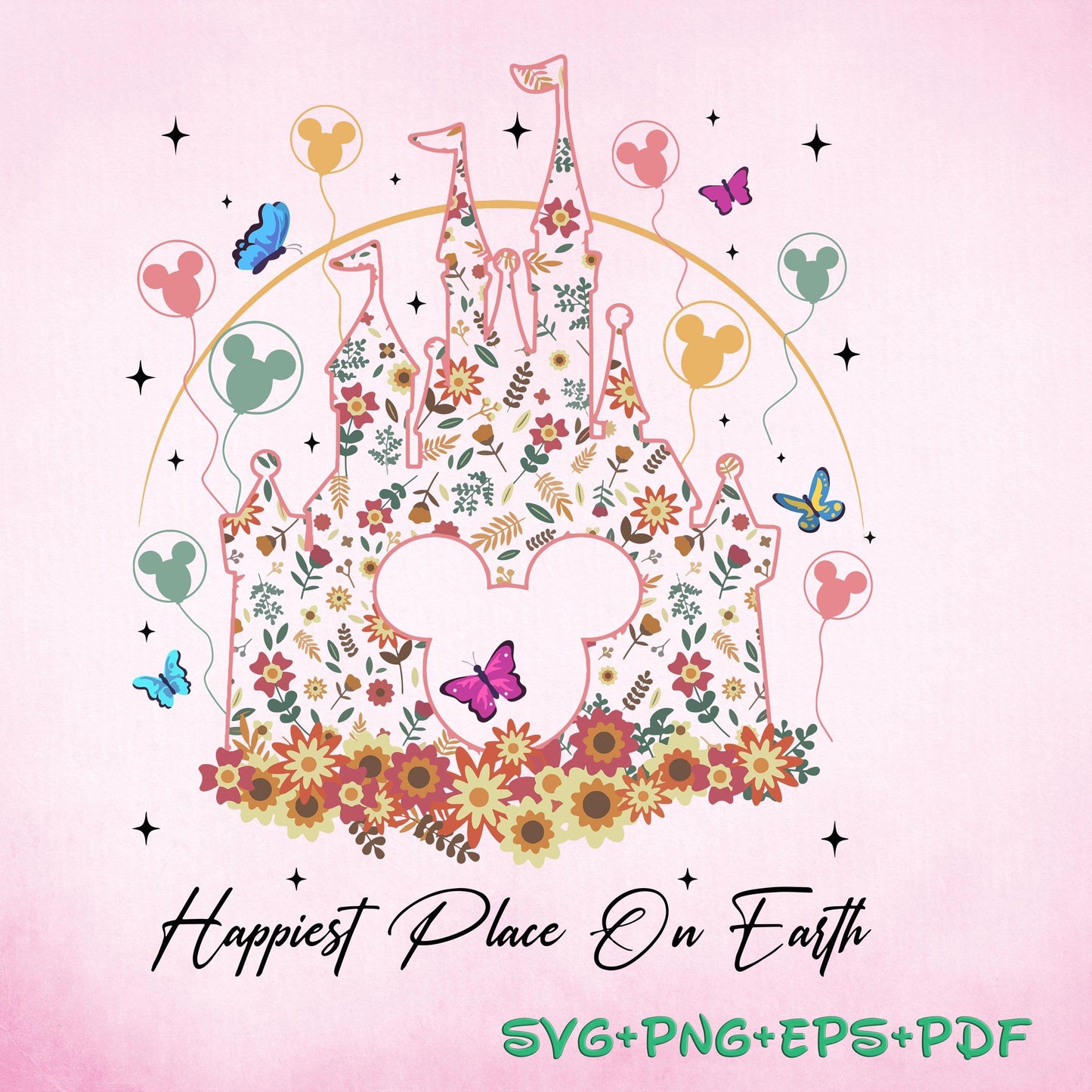 Happiest Place On Earth SVG Png, Magical Castle Floral SVG Png, Magic Kingdom Png, Family Vacation Png, Family Shirt , Vintage Kingdom Png