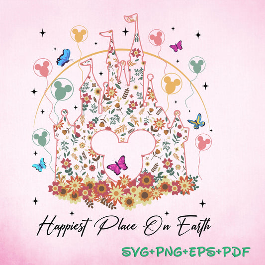 Happiest Place On Earth SVG Png, Magical Castle Floral SVG Png, Magic Kingdom Png, Family Vacation Png, Family Shirt , Vintage Kingdom Png