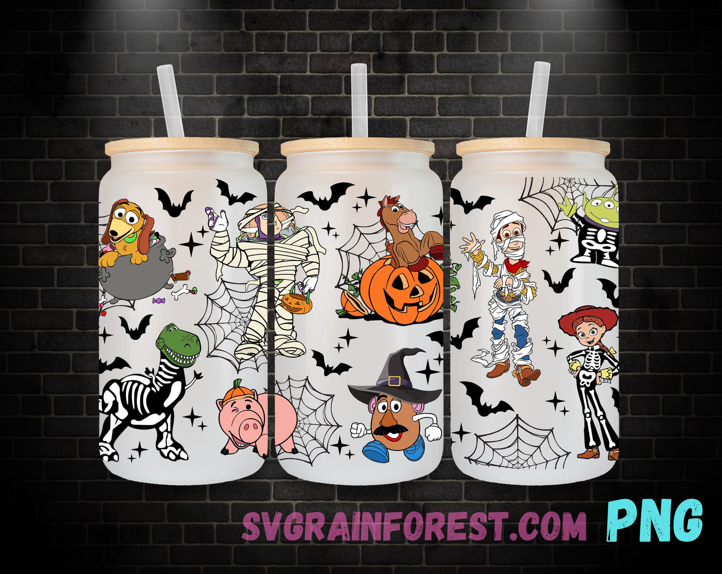 Toy Story Halloween Night 16oz Glass Can Wrap PNG, Libbey Glass Can Wrap Woody, Jessie, Rex, Slinky dog, Happy Halloween Glass Can Wrap PNG