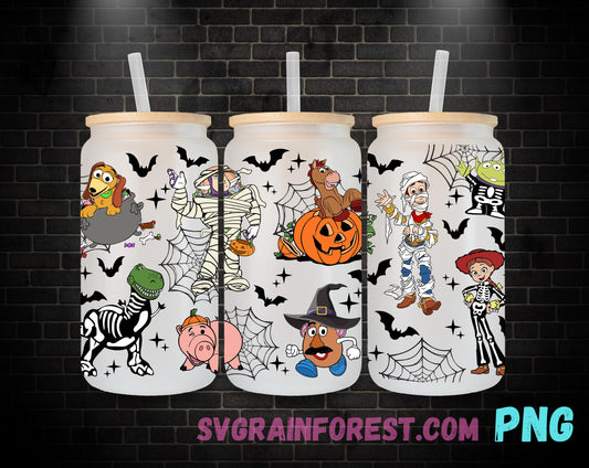 Toy Story Halloween Night 16oz Glass Can Wrap PNG, Libbey Glass Can Wrap Woody, Jessie, Rex, Slinky dog, Happy Halloween Glass Can Wrap PNG