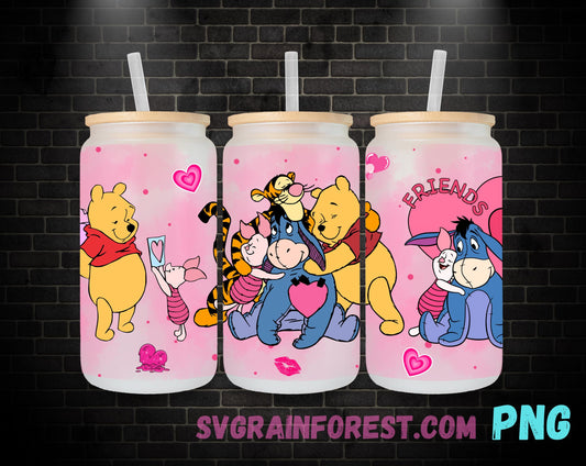 Winnie The Pooh and Friends Valentine 16oz Glass Can Wrap PNG, Libbey Glass Can Wrap Valentines, Happy Valentines Glass Can Wrap PNG