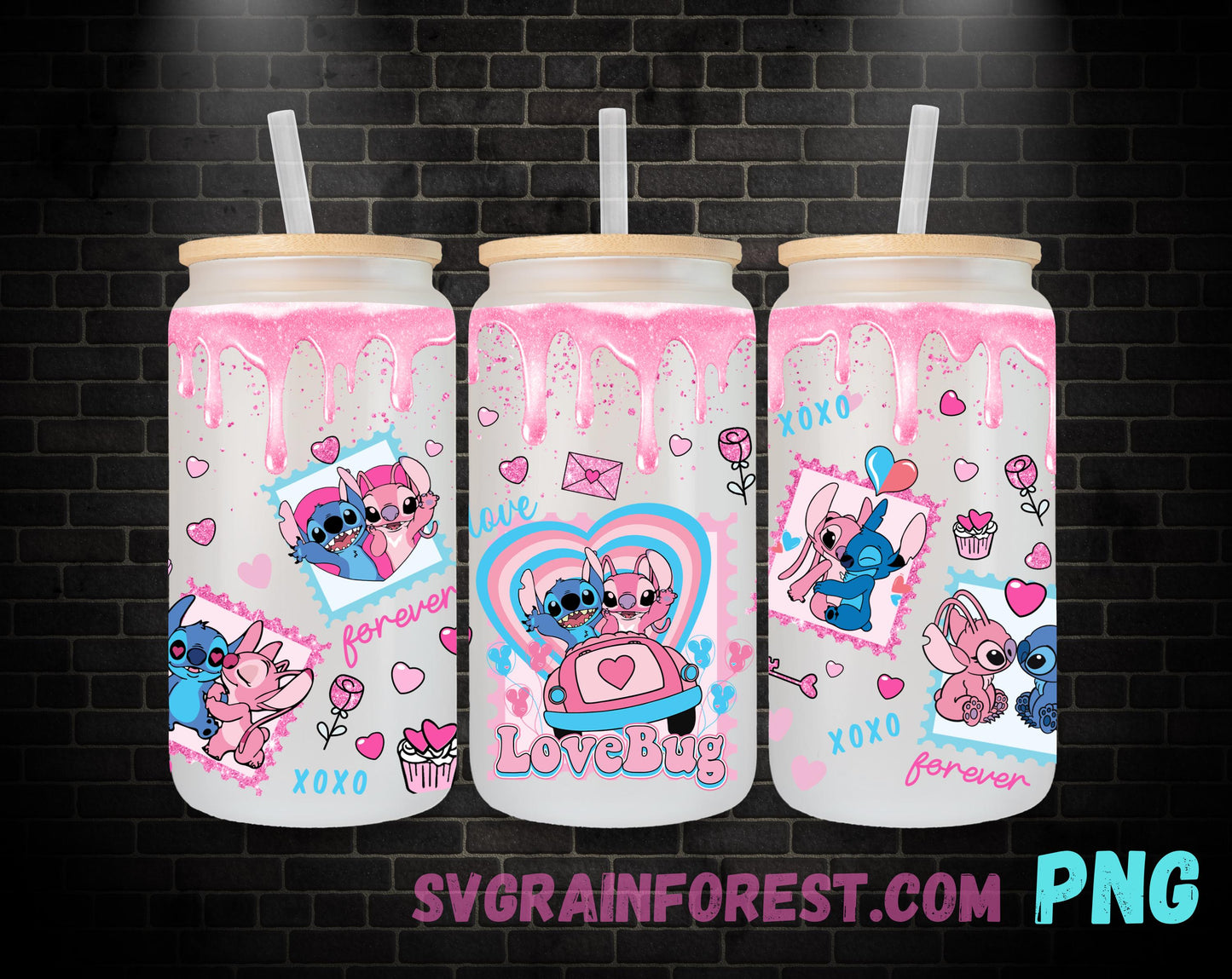 Stitch and Angel Glitter Drip Valentine 16oz Glass Can Wrap PNG, Libbey Glass Can Wrap Valentines, Happy Valentines Day Glass Can Wrap PNG