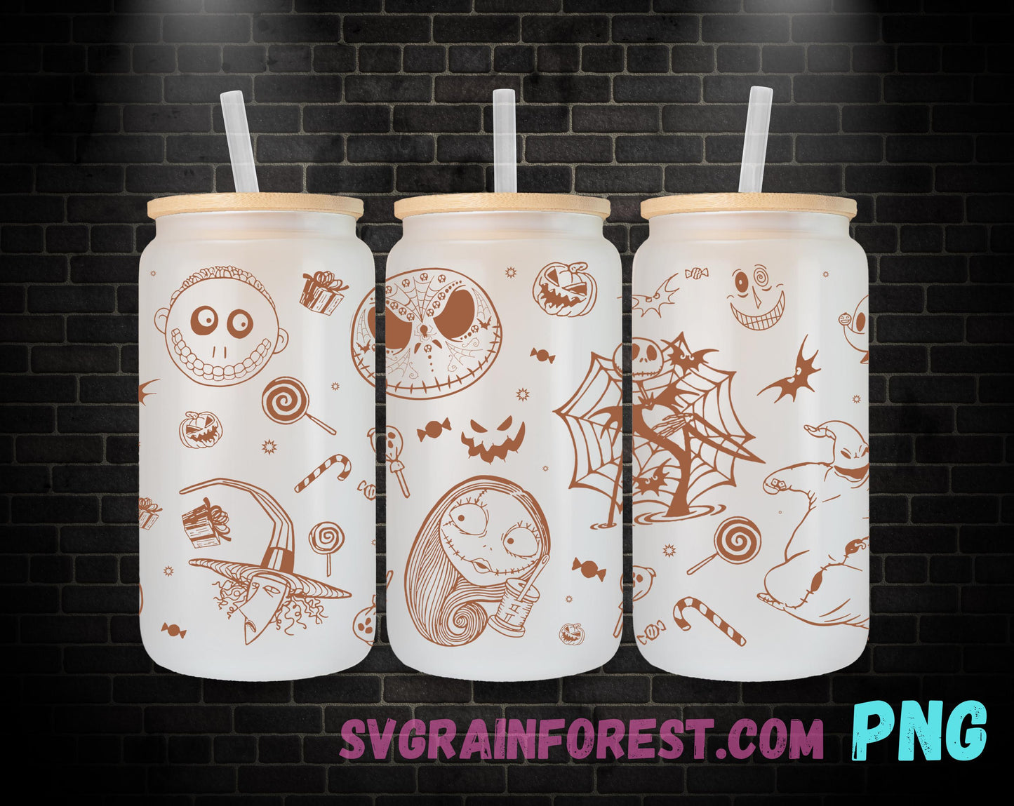 Jack Skellington etched Halloween 16oz Glass Can Wrap PNG, Libbey Glass Can Wrap Christmas, Nightmare Before Christmas Glass Can Wrap PNG