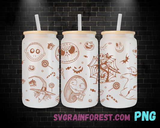 Jack Skellington etched Halloween 16oz Glass Can Wrap PNG, Libbey Glass Can Wrap Christmas, Nightmare Before Christmas Glass Can Wrap PNG