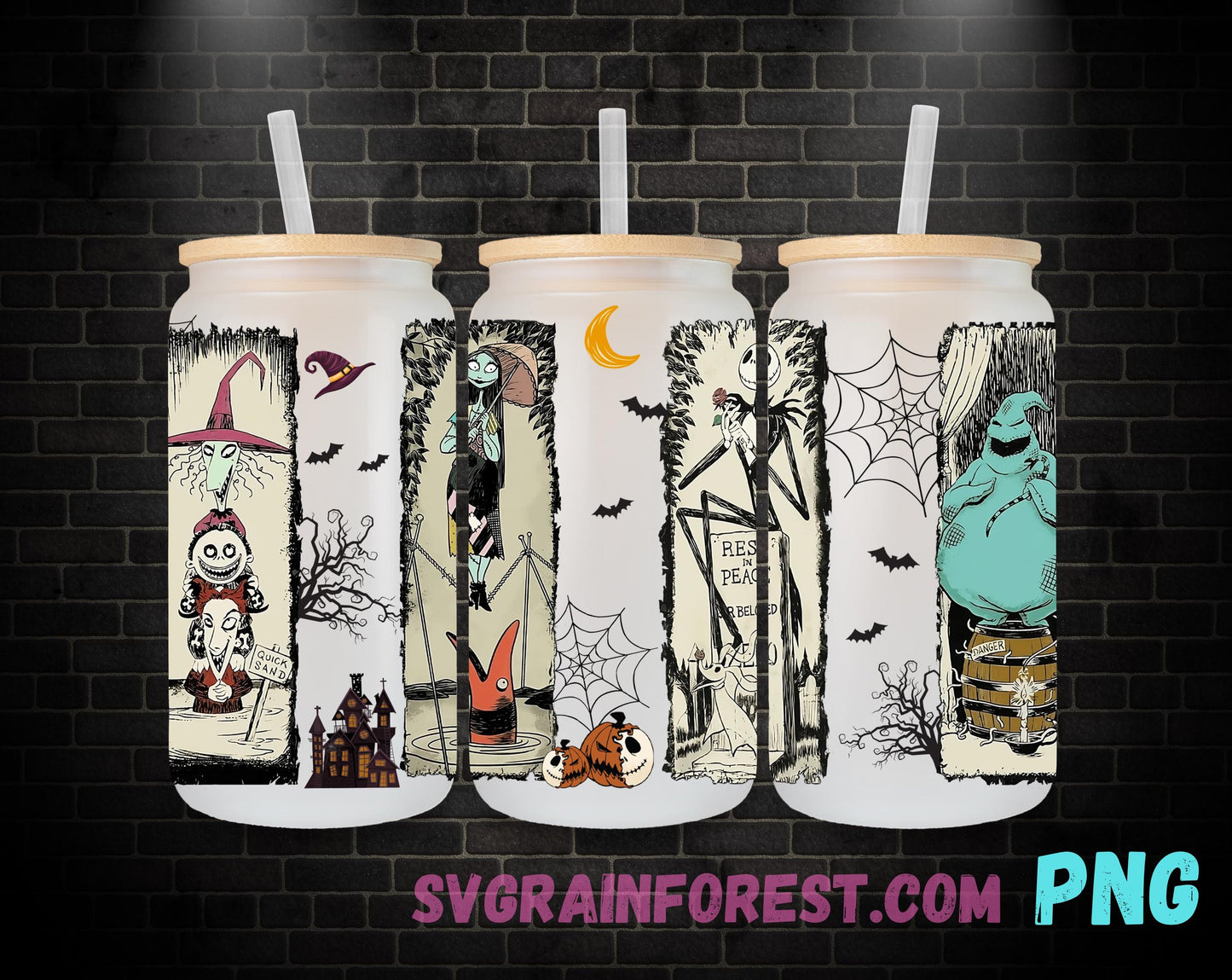 Jack Skellington Halloween 16oz Glass Can Wrap PNG, Libbey Glass Can Wrap Halloween, Nightmare Before Christmas Spooky Glass Can Wrap PNG
