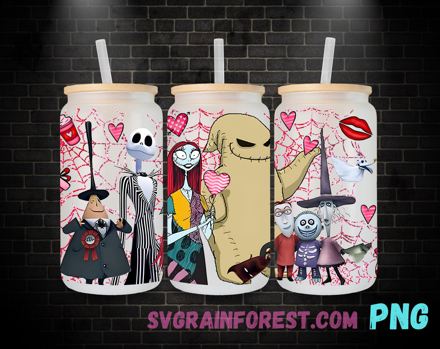 Pink Jack Skellington Sally Heart 16oz Glass Can Wrap PNG, Libbey Glass Can Wrap Valentine , Nightmare Before Christmas Glass Can Wrap PNG