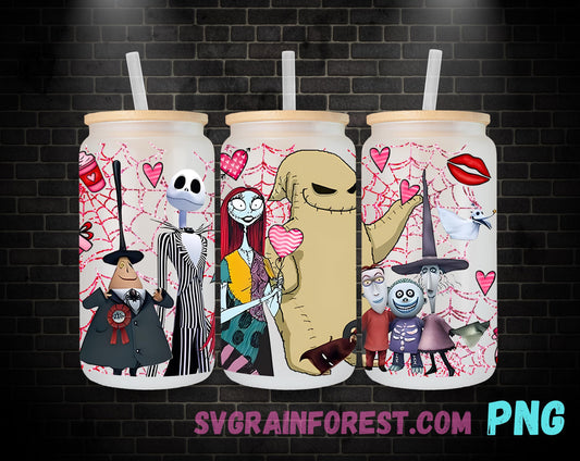 Pink Jack Skellington Sally Heart 16oz Glass Can Wrap PNG, Libbey Glass Can Wrap Valentine , Nightmare Before Christmas Glass Can Wrap PNG