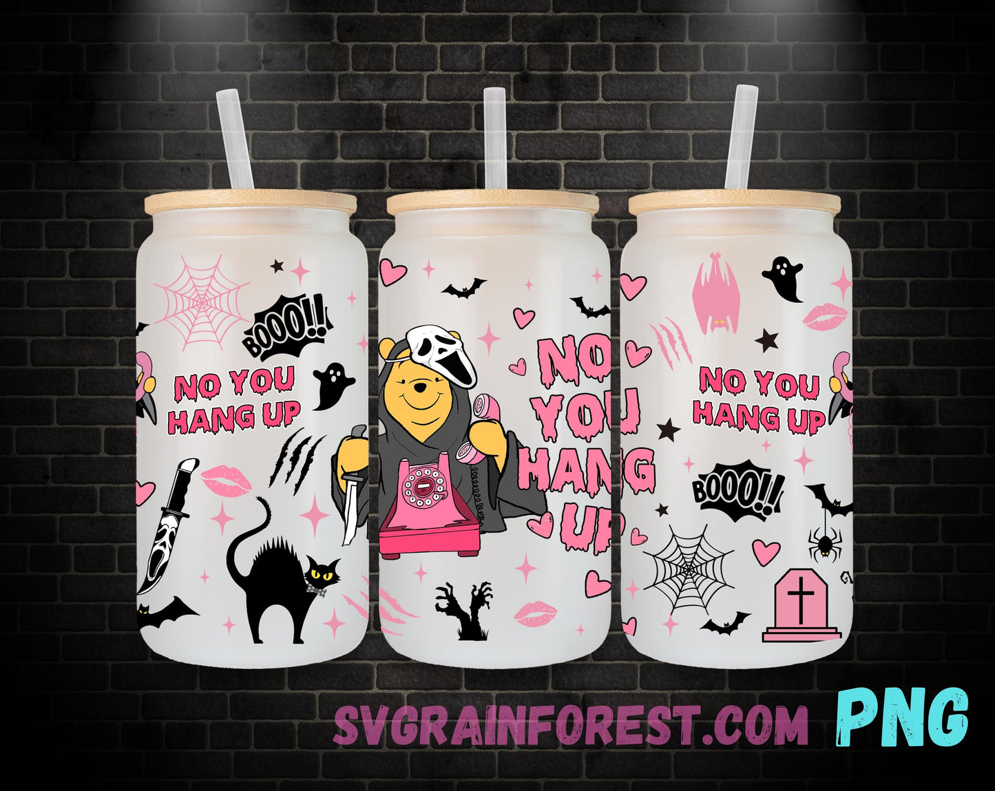 Winnie The Pooh as Ghostface 16oz Glass Can Wrap PNG, No you hang up Libbey Glass Can Wrap , Scary Halloween Glass Can Wrap PNG