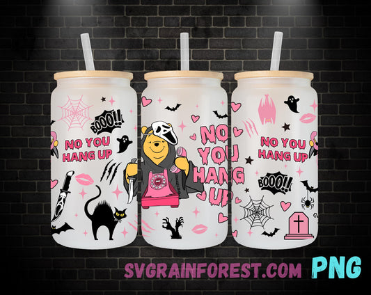 Winnie The Pooh as Ghostface 16oz Glass Can Wrap PNG, No you hang up Libbey Glass Can Wrap , Scary Halloween Glass Can Wrap PNG