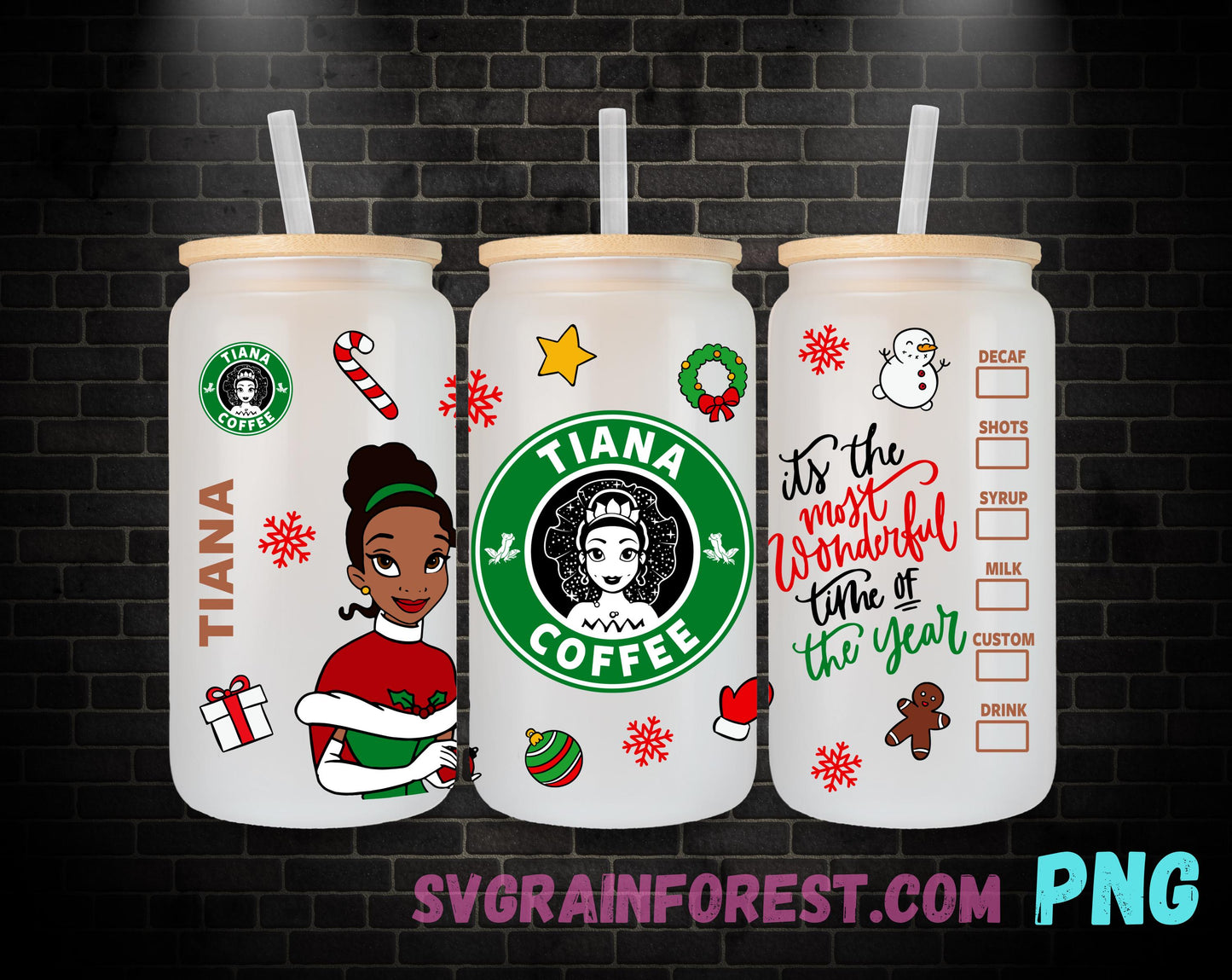 Princess Tiana Its the most wonderful time of the year, Christmas 16oz Glass Can Wrap PNG, Libbey Glass Can Wrap Christmas PNG