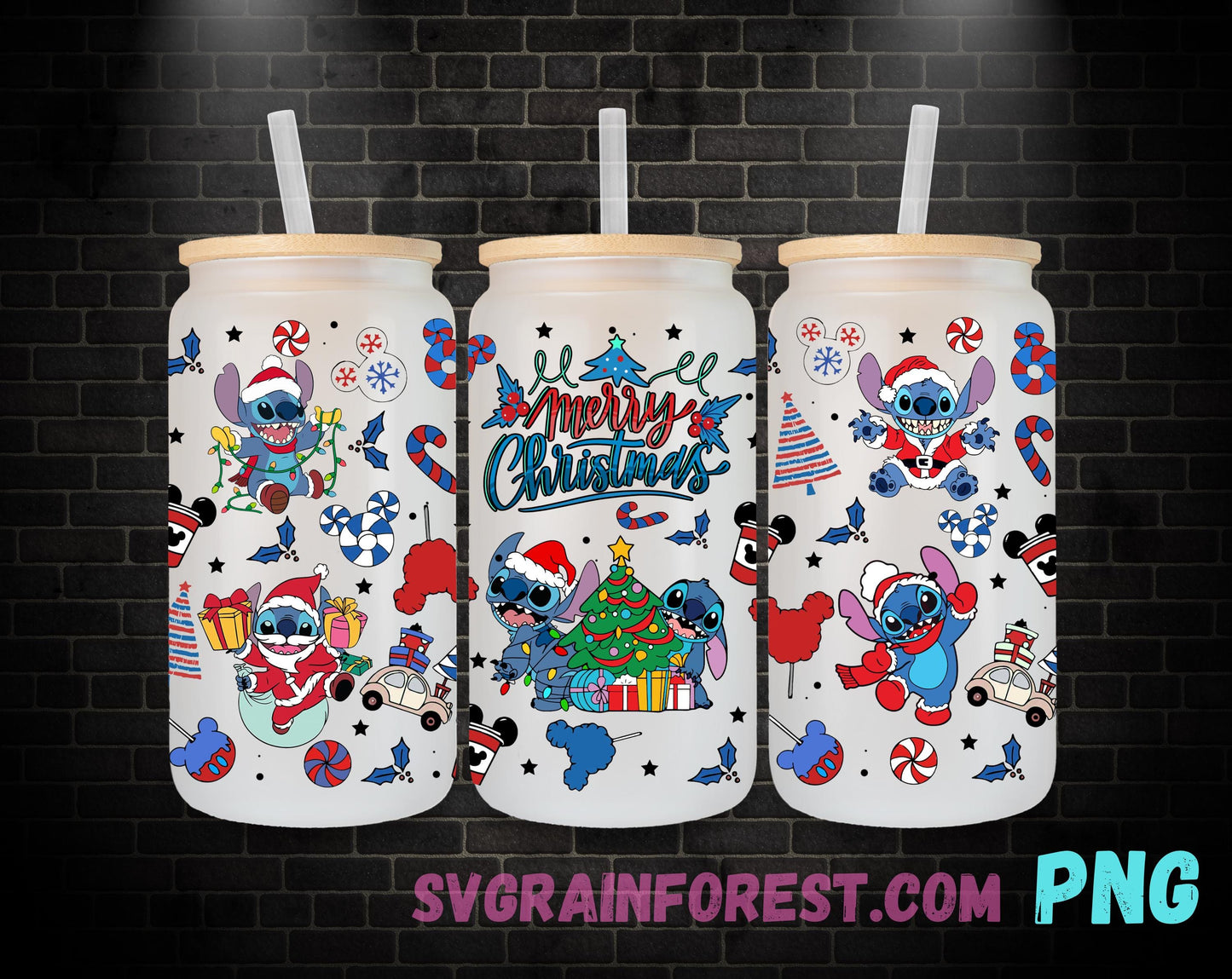 Stitch Christmas 16oz Glass Can Wrap PNG, Libbey Glass Can Wrap Christmas, Merry Christmas Glass Can Wrap PNG