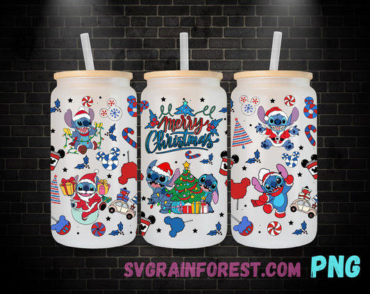 Stitch Christmas 16oz Glass Can Wrap PNG, Libbey Glass Can Wrap Christmas, Merry Christmas Glass Can Wrap PNG