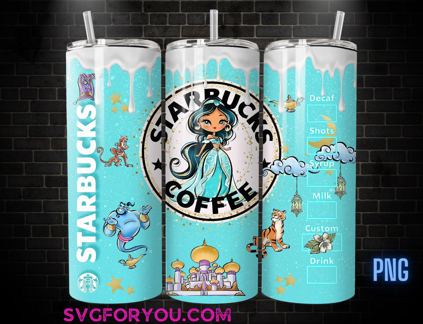 Princess Jasmine Watercolor Tumbler Wrap PNG, Make a Wish Coffee Tumbler Wrap , 20oz Skinny Tumbler, Aladdin Skinny Tumbler Wrap Design PNG