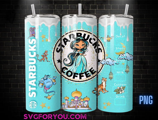 Princess Jasmine Watercolor Tumbler Wrap PNG, Make a Wish Coffee Tumbler Wrap , 20oz Skinny Tumbler, Aladdin Skinny Tumbler Wrap Design PNG
