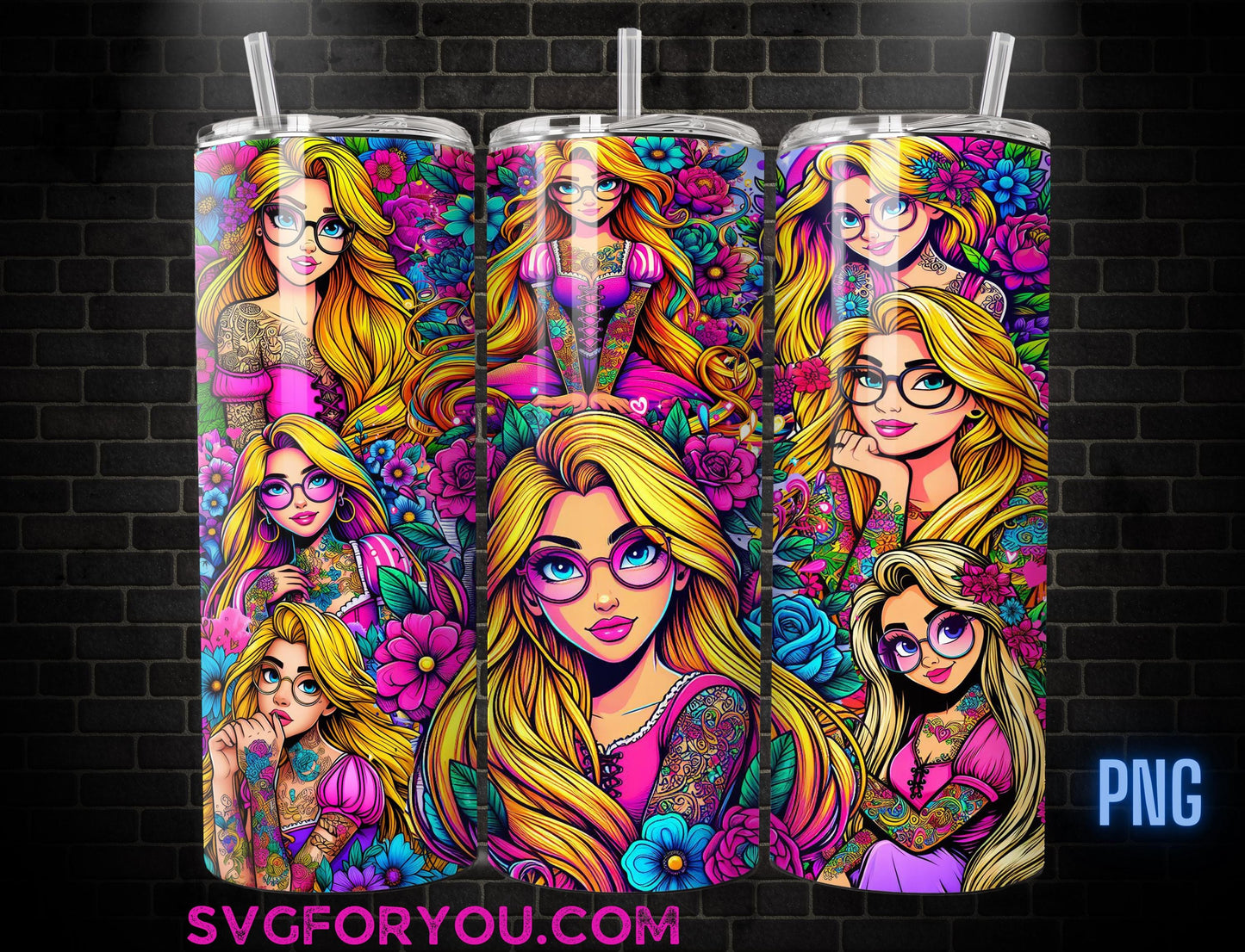 Rapunzel Tattoo Tumbler Wrap PNG, Make a Wish Tumbler Wrap png, 20oz Skinny Tumbler png, Skinny Tumbler Wrap Design PNG