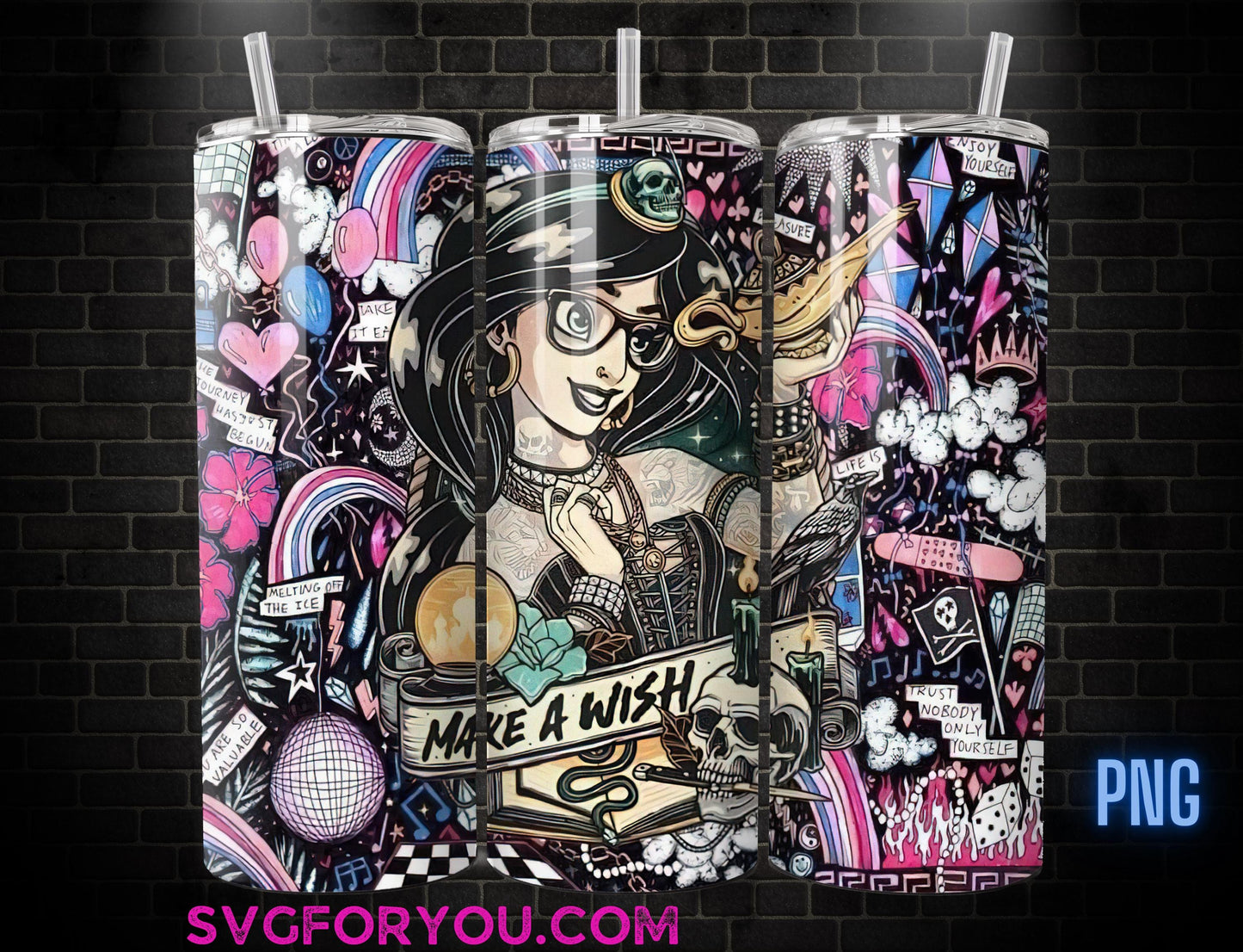 Goth Jasmine Tumbler Wrap PNG, Make a Wish Tumbler Wrap png, 20oz Skinny Tumbler png, Aladdin Skinny Tumbler Wrap Design PNG