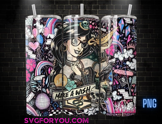 Goth Jasmine Tumbler Wrap PNG, Make a Wish Tumbler Wrap png, 20oz Skinny Tumbler png, Aladdin Skinny Tumbler Wrap Design PNG