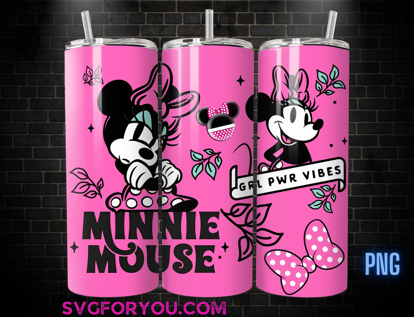 Retro Pink Girl Power Vibes Minnie Mouse 20 oz Skinny Tumbler, Mickey Mouse Sublimation Design Template, Mickey Comic Book Strip png