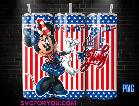 Retro Minnie Mouse 4th Of July 20 oz Skinny Tumbler, Mickey Mouse Red White Blue Sublimation Design Template, Happy 4th Friends png