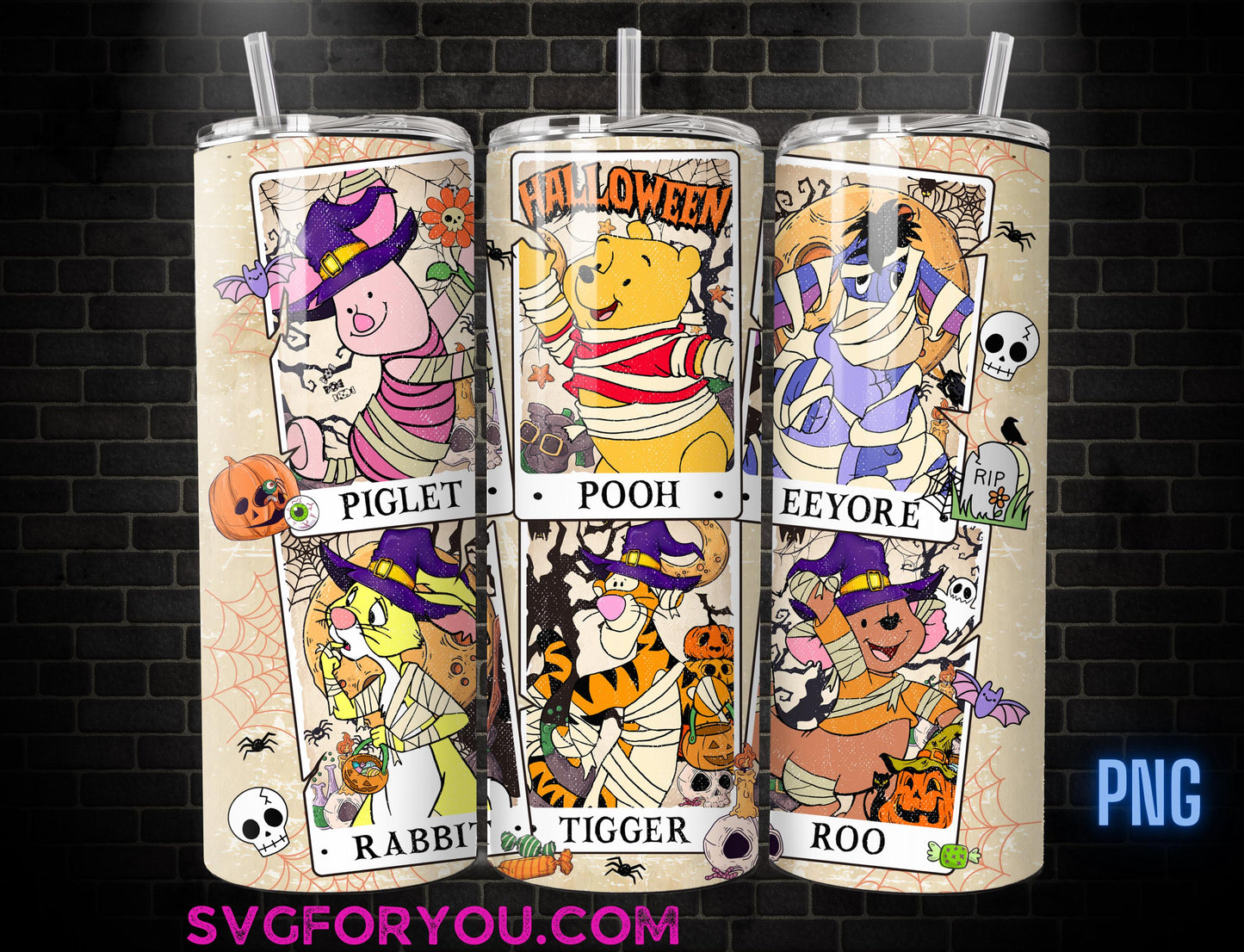Retro Winnie the Pooh Tigger Piglet Eeyore Halloween Tarot 20oz Skinny Tumbler Template PNG, Pooh Skinny Tumbler Wrap Design PNG