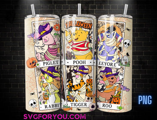 Retro Winnie the Pooh Tigger Piglet Eeyore Halloween Tarot 20oz Skinny Tumbler Template PNG, Pooh Skinny Tumbler Wrap Design PNG