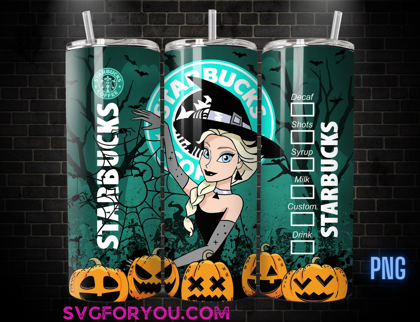 Princess Witchy Halloween Elsa Coffee Tumbler Wrap PNG , 20oz Skinny Tumbler, Frozen Skinny Tumbler Wrap PNG
