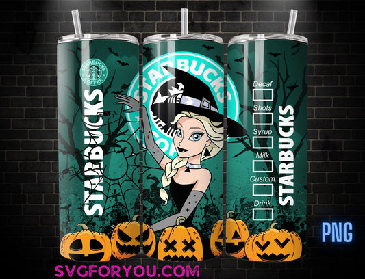 Princess Witchy Halloween Elsa Coffee Tumbler Wrap PNG , 20oz Skinny Tumbler, Frozen Skinny Tumbler Wrap PNG