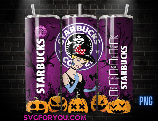 Princess Witchy Halloween Cinderella Coffee Tumbler Wrap PNG , 20oz Skinny Tumbler, Cinderella Skinny Tumbler Wrap PNG