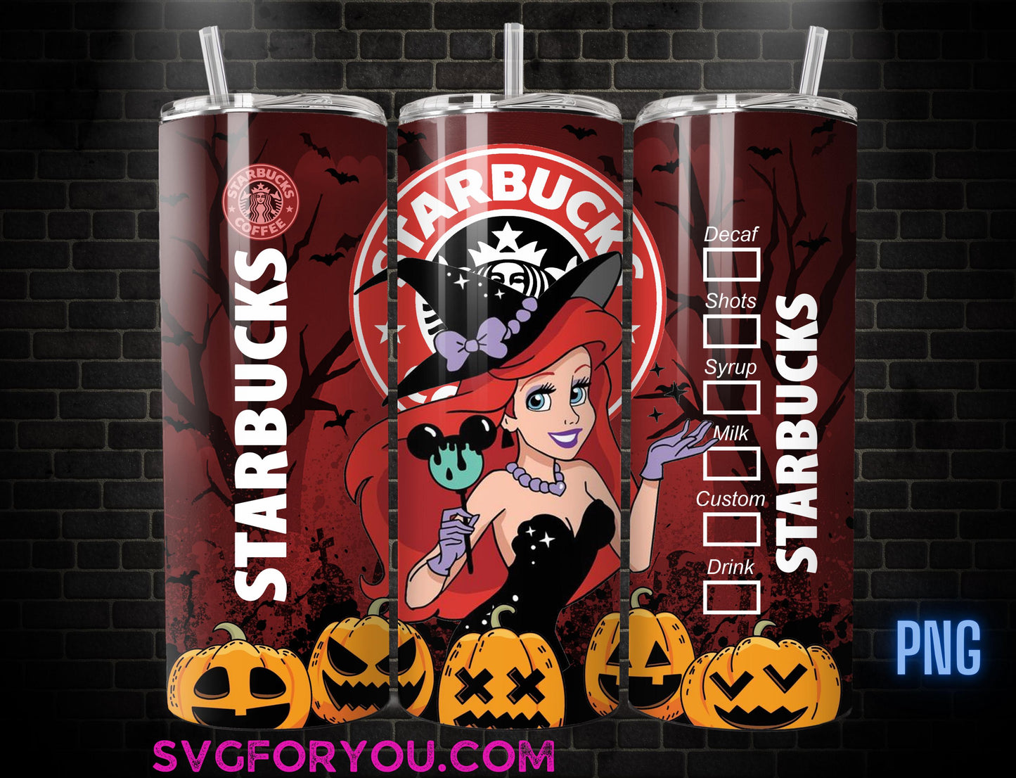 Ariel Witchy Halloween Tumbler Wrap PNG, The Little Mermaid Tumbler Wrap, 20oz Skinny Tumbler png, Skinny Tumbler Wrap Design PNG