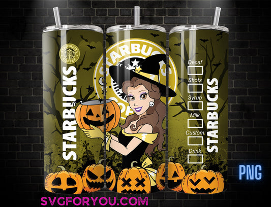 Princess Belle Witchy Halloween Coffee Tumbler Wrap PNG , 20oz Skinny Tumbler, Beauty and the beast Skinny Tumbler Wrap PNG