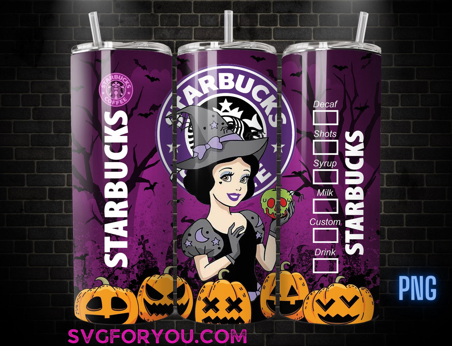 Princess Witchy Halloween Snow White Coffee Tumbler Wrap PNG , 20oz Skinny Tumbler, 7 Dwarves Skinny Tumbler Wrap PNG