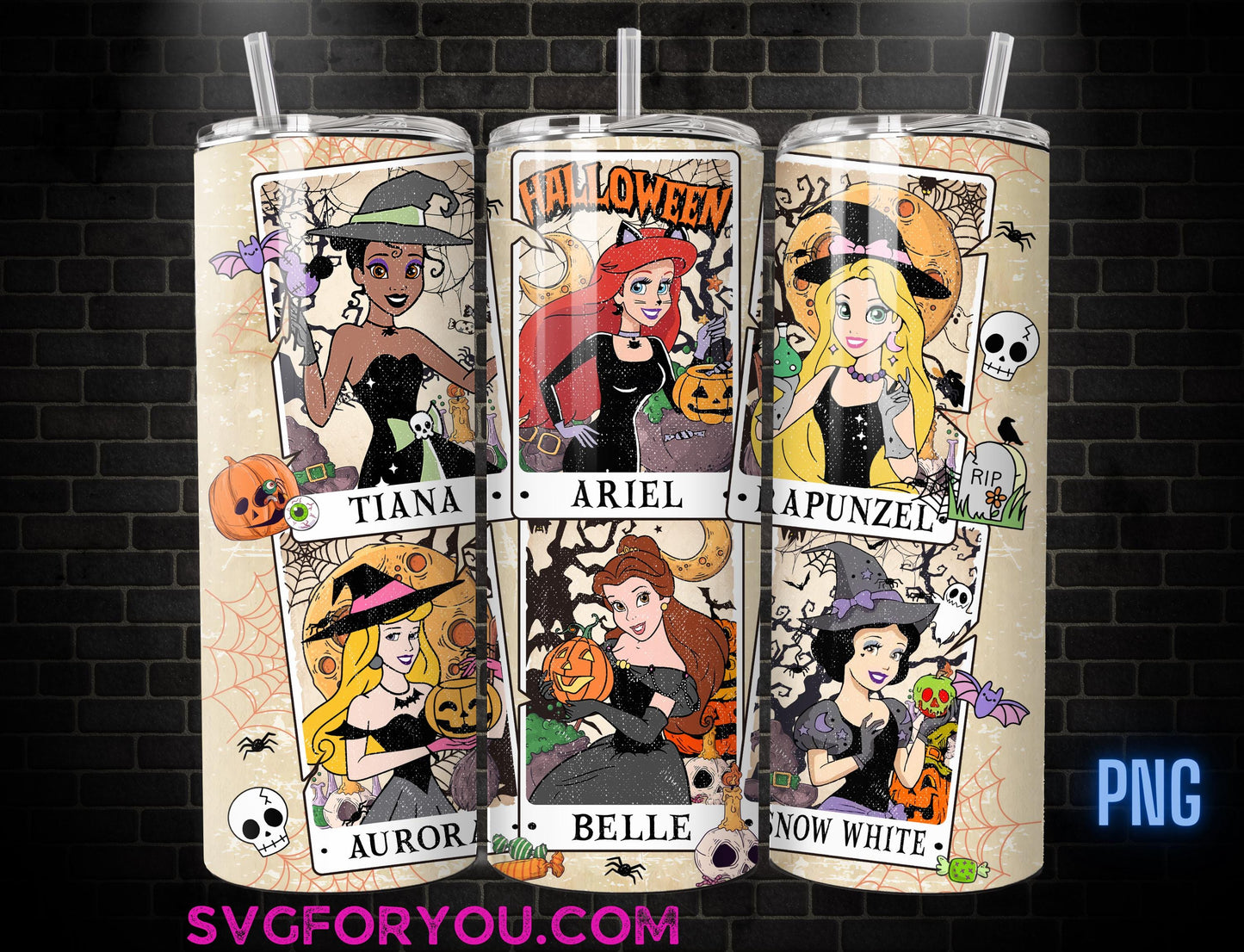 Princess Belle Tiana Ariel Rapunzel Aurora Witches Tarot Tumbler Coffee Wrap PNG , 20oz Skinny Tumbler, Halloween Skinny Tumbler Wrap PNG