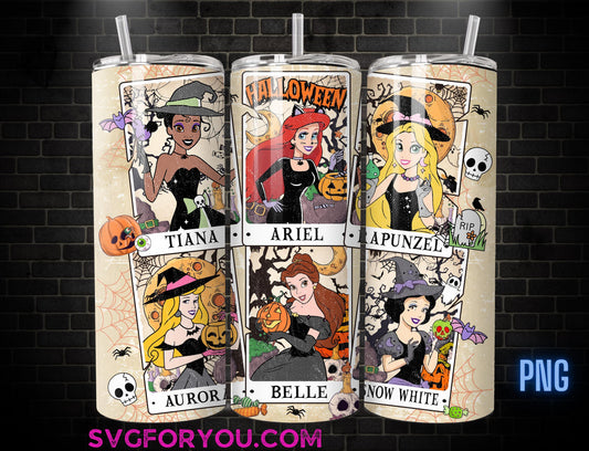 Princess Belle Tiana Ariel Rapunzel Aurora Witches Tarot Tumbler Coffee Wrap PNG , 20oz Skinny Tumbler, Halloween Skinny Tumbler Wrap PNG