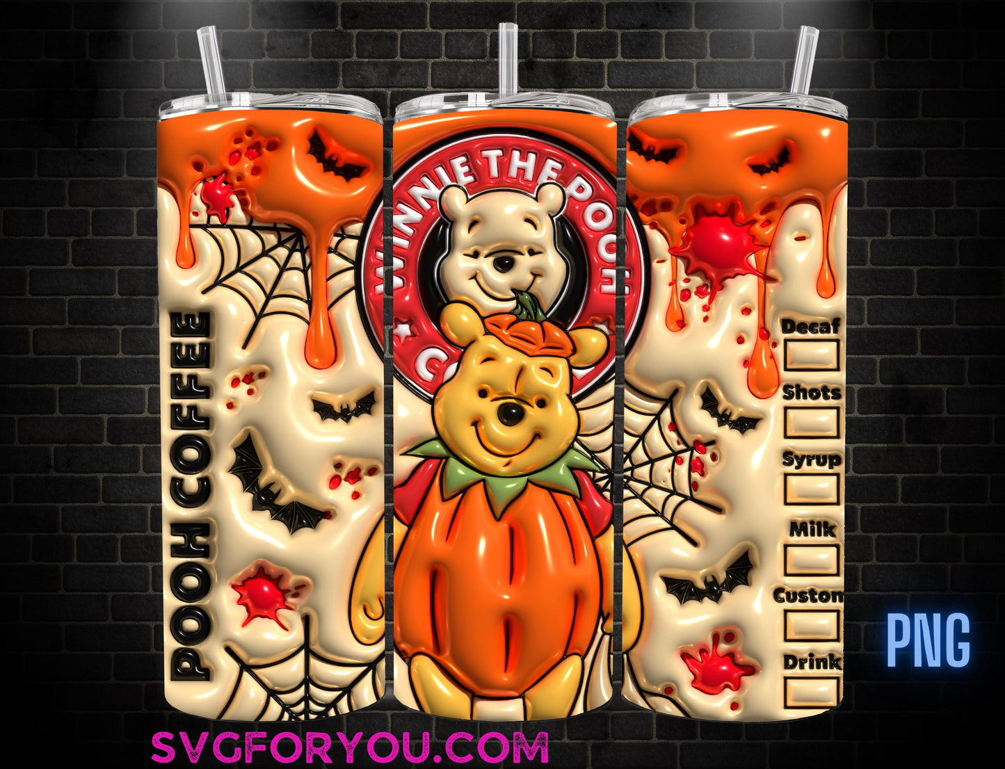 Winnie the Pooh Pumpkin Costume Halloween Inflated 20oz Skinny Tumbler Template PNG, Pooh Skinny Tumbler Wrap Design PNG