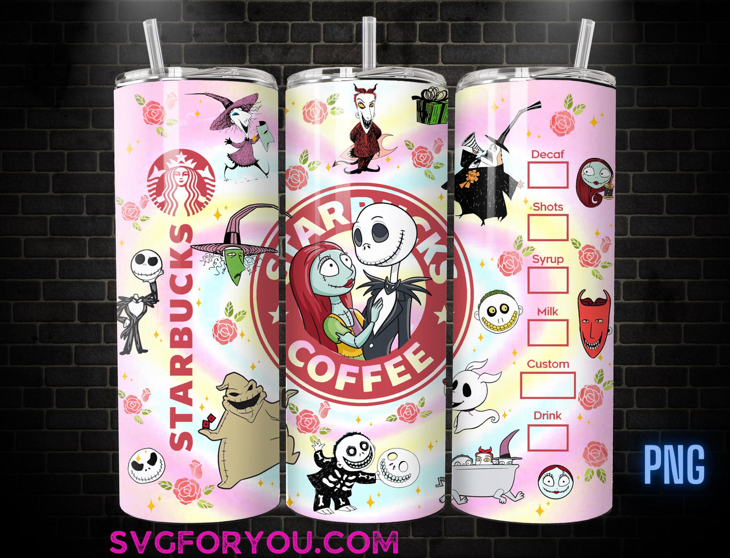 Jack and Sally Pink Coffee watercolor 20 Oz Skinny Tumbler Png, Nightmare Before Christmas Png, Christmas 20oz Tumbler Wrap, Santa Png