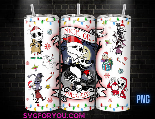 Jack Skellington Nice or Naughty Christmas 20 Oz Skinny Tumbler Png, Nightmare Before Christmas Png, Christmas 20oz Tumbler Wrap, Santa Png