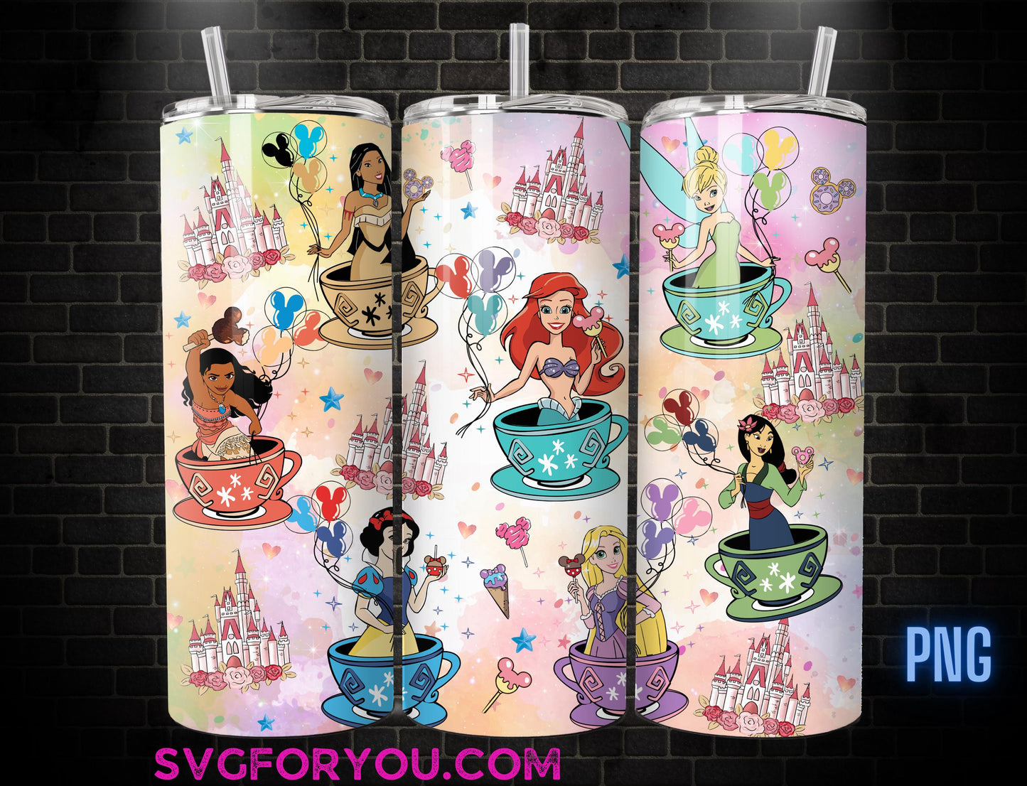 Magical Kingdom Princess Ariel Mulan Snow White Rapunzel Tinkerbell Moana Teacups Tumbler Coffee Wrap PNG , 20oz Skinny Tumbler Wrap PNG