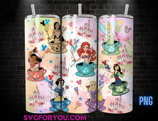 Magical Kingdom Princess Ariel Mulan Snow White Rapunzel Tinkerbell Moana Teacups Tumbler Coffee Wrap PNG , 20oz Skinny Tumbler Wrap PNG