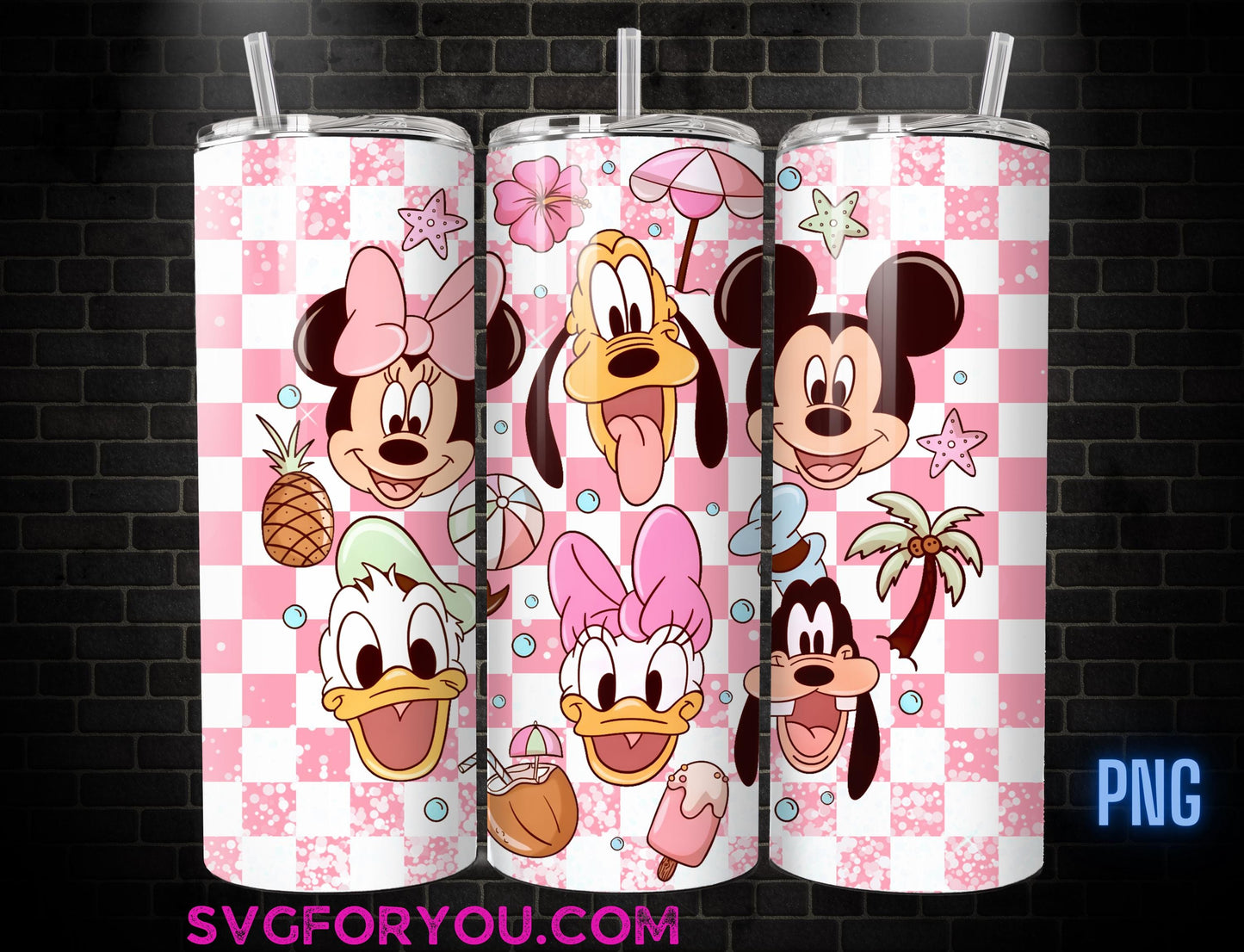 Retro Pink Summer Mickey Mouse and Friends 20 oz Skinny Tumbler, Mickey Mouse , Daisy , Goofy , Donald Duck Sublimation Design Template PNG
