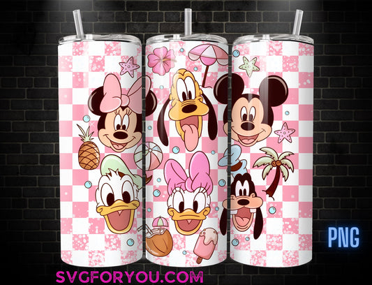 Retro Pink Summer Mickey Mouse and Friends 20 oz Skinny Tumbler, Mickey Mouse , Daisy , Goofy , Donald Duck Sublimation Design Template PNG