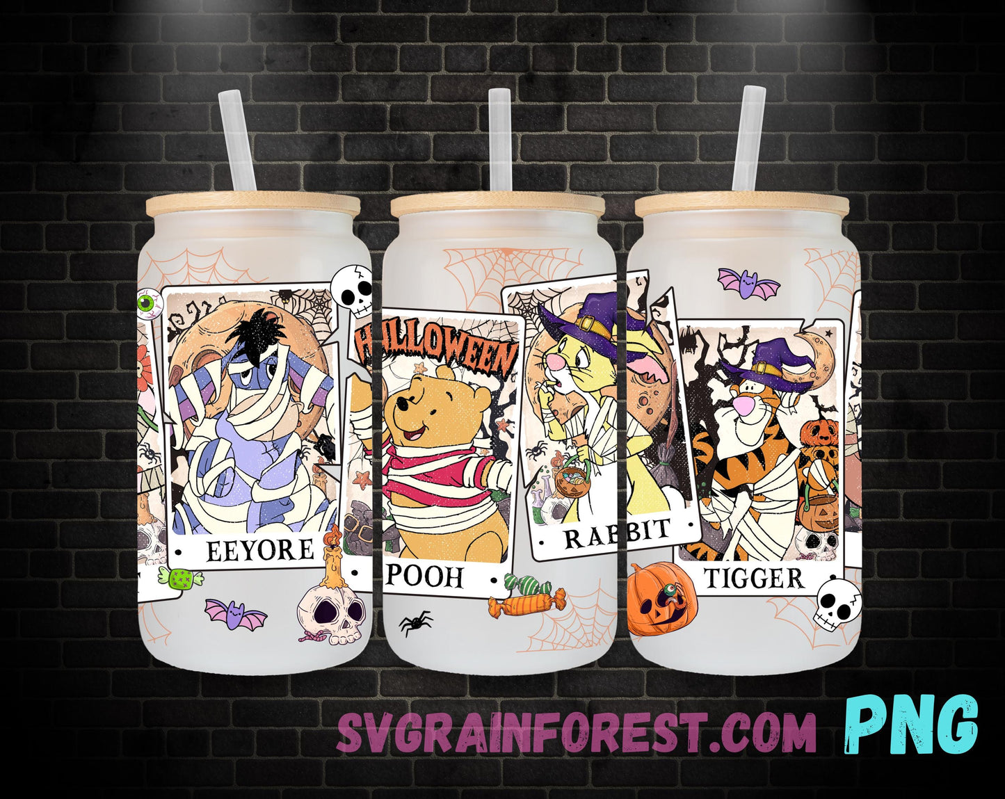 Spooky Winnie The Pooh and Friends Tarot 16oz Glass Can Wrap PNG, Libbey Glass Can Wrap Halloween, Happy Halloween Glass Can Wrap PNG
